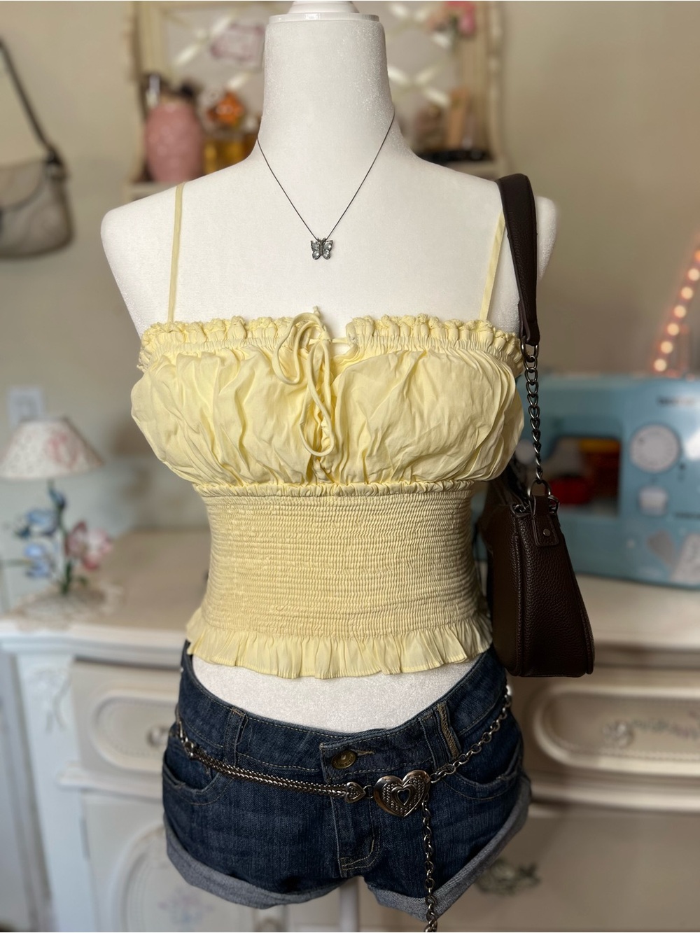 Papermoon Yellow Smocked Ruffle Crop Camisole